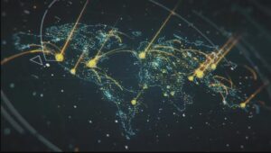 دانلود فوتیج بک گراند هولوگرام نقشه جهان با اهداف درخشان