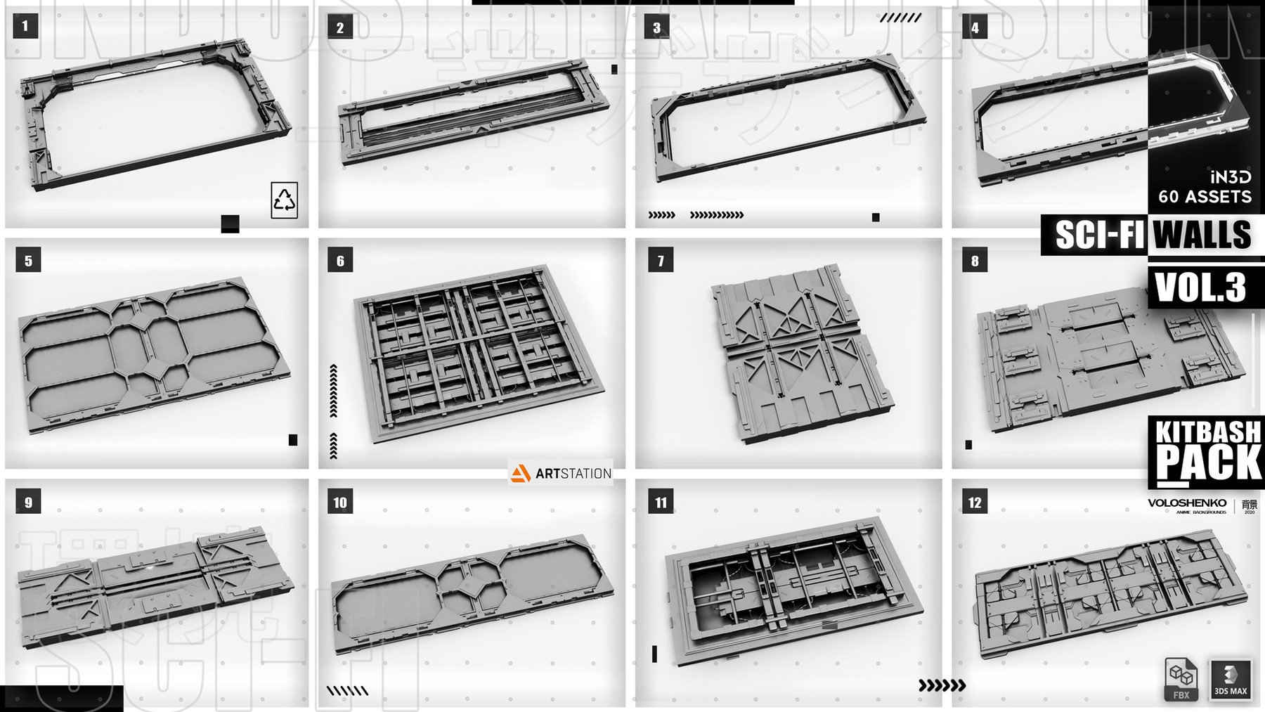 مجموعه مدل سه بعدی دیوار صنعتی Sci-Fi Walls Kitbash Pack Vol 3 - افکت ۲۴