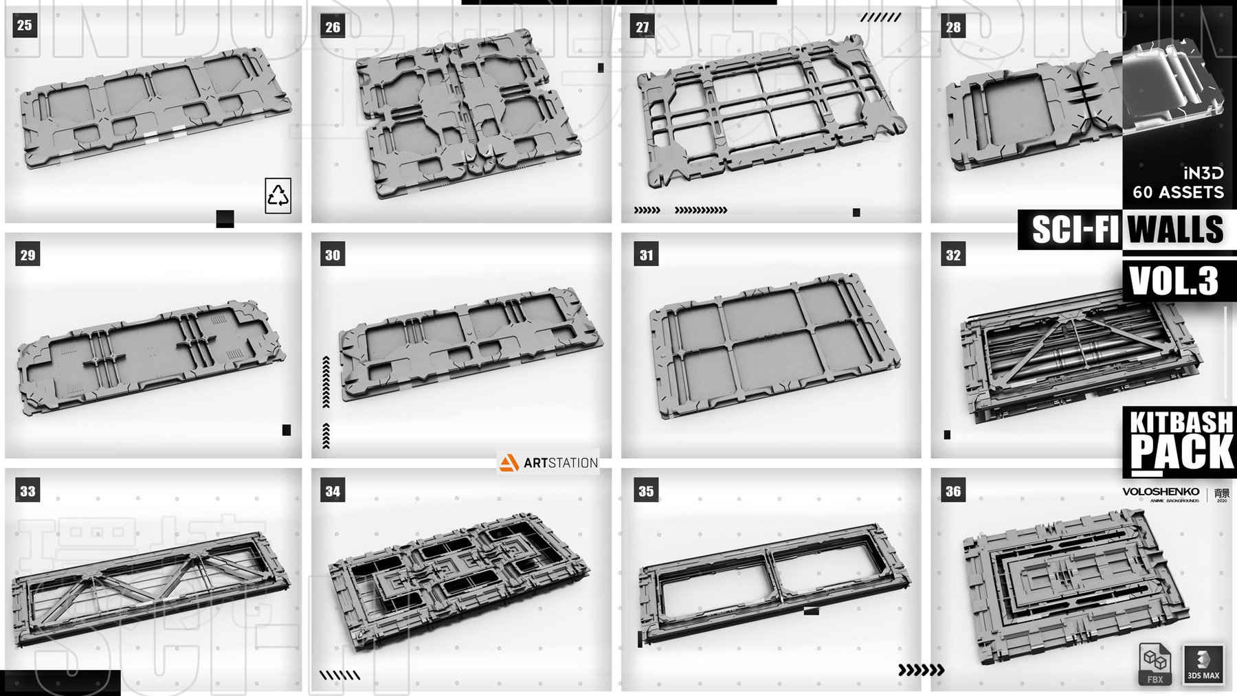 مجموعه مدل سه بعدی دیوار صنعتی Sci-Fi Walls Kitbash Pack Vol 3 - افکت ۲۴