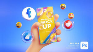 موکاپ موبایل در دست با آیکون های سه بعدی phone icons 3d